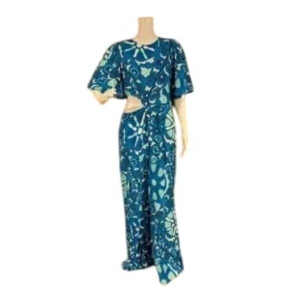 RHODE Zinnia Blue Floral Linen Cut Out Wide Leg Jumpsuit - Picture 2 of 7